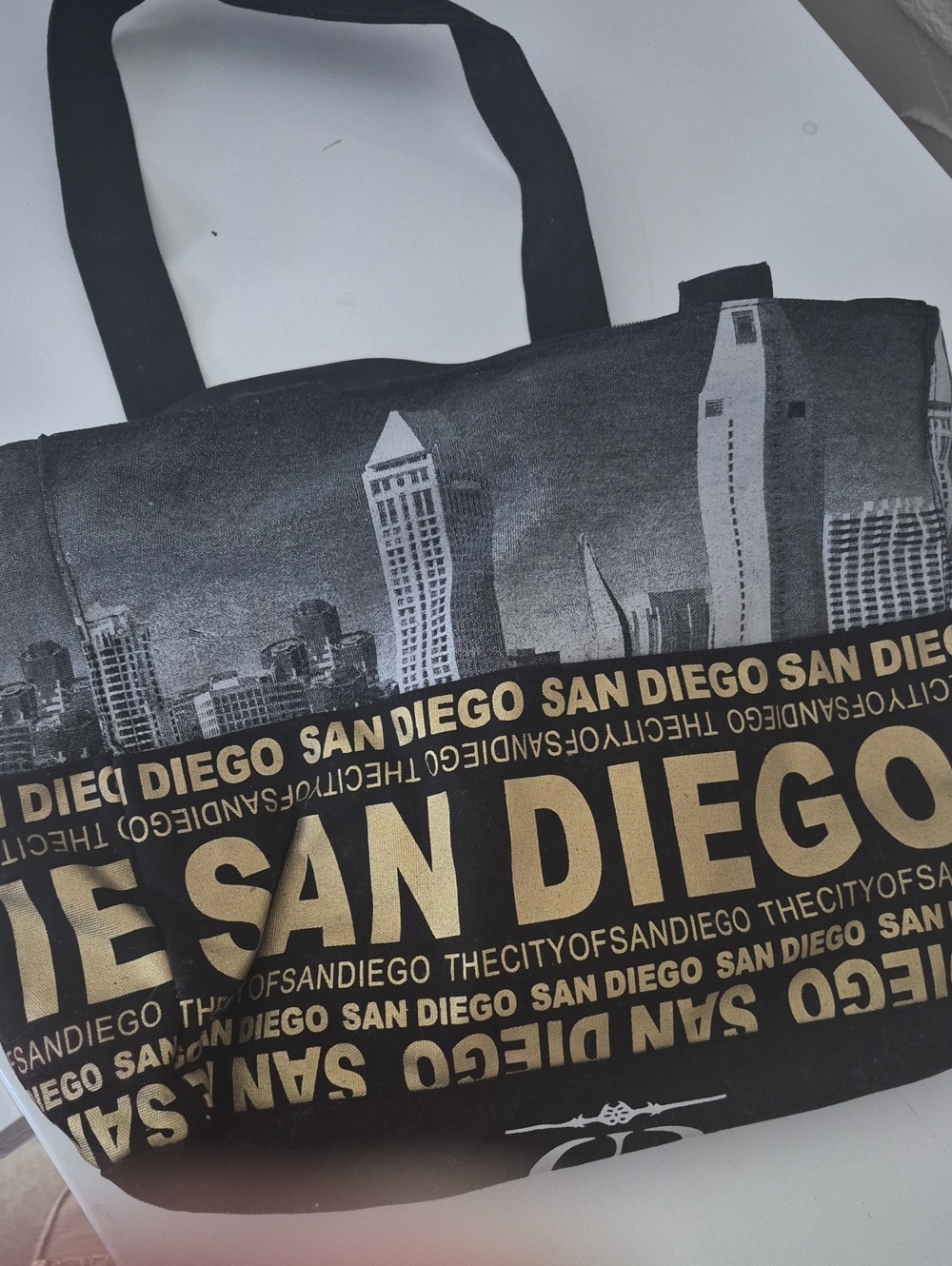 Black Tote San Diego Print Carry On Travel Bag. 15 Inches Long, 11 Deep 4 Bottom
